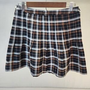Urban Outfitters Plaid Pleated‎ Mini Skirt Black Brown White Schoolgirl Sz M